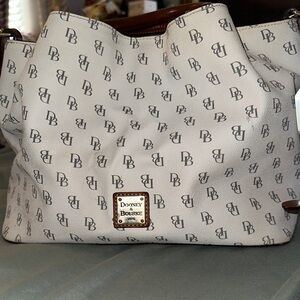Dooney & Bourke Greta Brenna White Logo-Print Shoulder Bag with Brown Trim